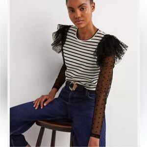 🐦‍⬛ Boden Tulle Swiss Dot Black & White Striped Blouse w/ Sheer Long Sleeves 14